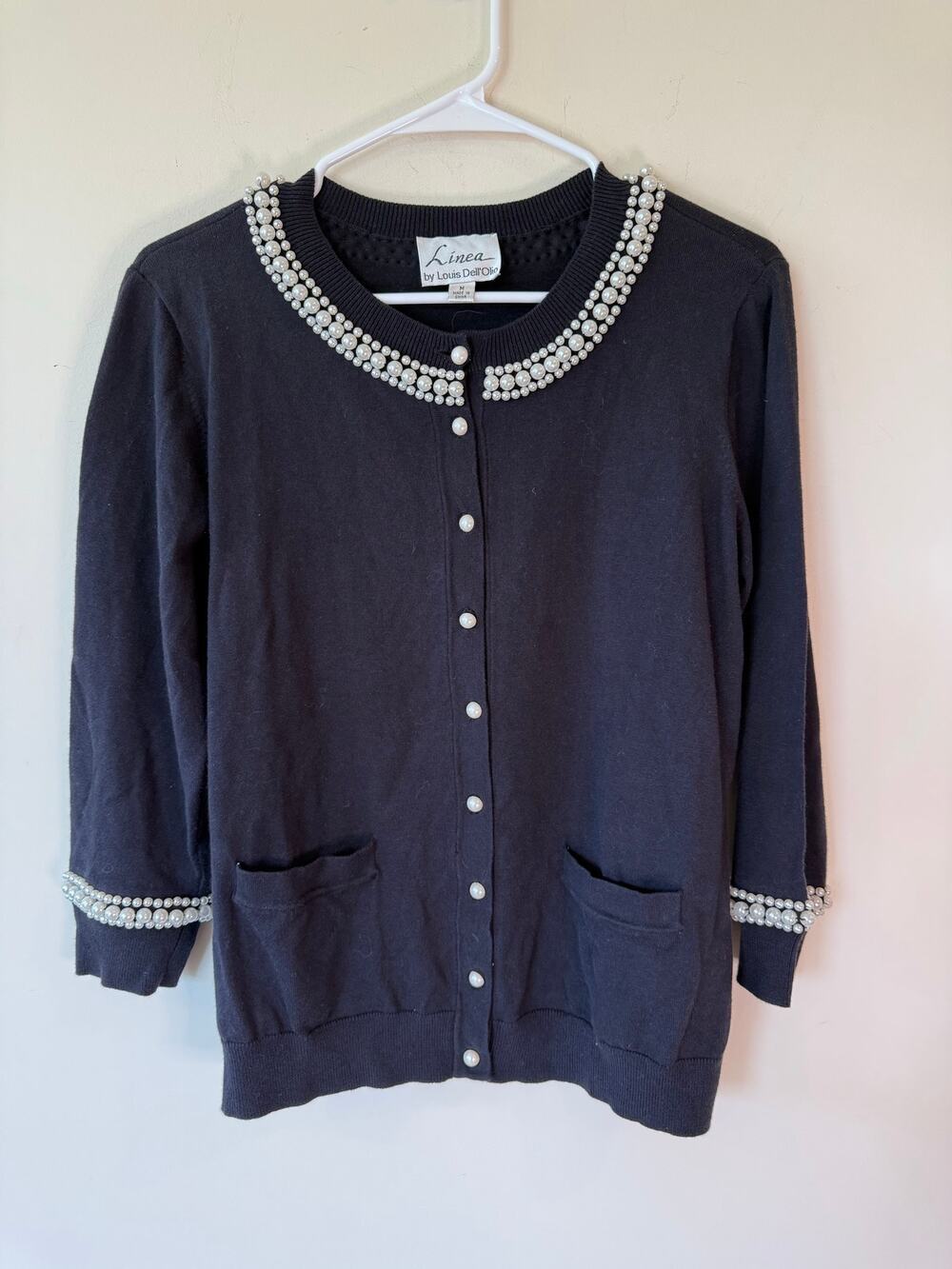 Linea by Louis Dell'Olio Black Cardigan with Pearls Size Medium Preppy classic